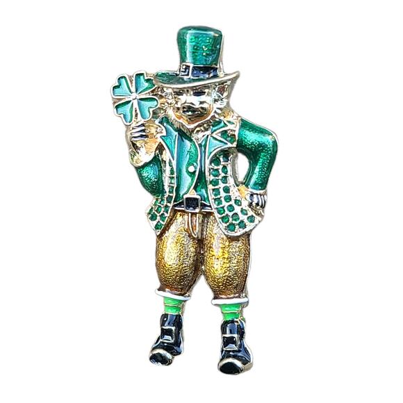 Napier Leprechaun Brooch Clover St Patrick's Day Gold Tone Enamel Rhinestones - Picture 1 of 3